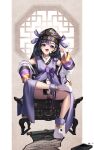  1girl alternate_costume black_hair black_hat commentary_request drawer fang goddess_of_victory:_nikke hanbok hat highres korean_clothes korean_commentary looking_at_viewer multicolored_hair open_mouth panties pink_panties purple_eyes purple_hair scroll shoes sitting solo striped_clothes striped_panties syuen_(nikke) trhisell underwear upskirt white_panties white_shoes 
