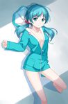  alternate_costume ass_visible_through_thighs bare_legs barefoot blue_eyes blue_hair breasts collarbone hair_bobbles hair_ornament highres hood hoodie kawashiro_nitori long_hair long_sleeves looking_at_viewer medium_breasts midriff naked_hoodie no_bra smile solo touhou tucana twintails zipper 