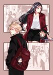  1boy 1girl alternate_costume babigonice backpack bag belt belt_buckle black_hair black_jacket black_skirt blonde_hair blue_eyes blush buckle casual character_charm character_doll charm_(object) cloud_strife collarbone commentary_request cowboy_shot doll final_fantasy final_fantasy_vii final_fantasy_vii_remake handbag highres jacket long_hair looking_to_the_side low-tied_long_hair miniskirt open_clothes open_shirt outside_border parted_lips people red_eyes red_shirt ribbed_shirt shirt short_hair skirt smile sparkle spiked_hair tifa_lockhart white_shirt 