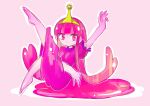  1girl absurdres adventure_time animification barefoot blush colored_skin commentary_request crown dress highres long_hair pink_eyes pink_hair pink_skin prince princess princess_bonnibel_bubblegum rakugaki_shitagari-ya simple_background tiara very_long_hair 