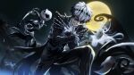  3boys black_crown crown diamond_hairband highres jack_skellington jacket long_sleeves looking_at_viewer male_focus multiple_boys official_art pinstripe_pattern pinstripe_suit short_hair skully_j._graves smile striped_clothes striped_jacket suit sunglasses the_nightmare_before_christmas third-party_source twisted_wonderland vest white_hair zero_(nbc) 