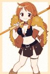  1girl bangle belt belt_buckle blush border bracelet braid breasts brown_eyes brown_loincloth buckle capelet choker cleavage clima-tact closed_mouth commentary crop_top earrings feet_out_of_frame fur_capelet fur_leg_warmers gold_bangle gold_choker hand_on_own_hip highres holding holding_staff ikuchi_osutega jewelry knees large_breasts leg_warmers long_hair looking_at_viewer midriff nami_(one_piece) navel official_alternate_costume official_alternate_hairstyle one_piece orange_hair pearl_earrings polka_dot polka_dot_background single_braided_sidelock smile solo staff thigh_strap yellow_capelet 