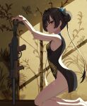  1girl absurdres armpits barefoot black_hair blue_archive braid braided_bun butterfly_hair_ornament chinese_clothes commentary cs/ls06 dragon_print dress from_side grey_eyes grey_halo gun hair_bun hair_ornament halo highres kisaki_(blue_archive) kneeling looking_at_viewer parm print_dress qipao sleeveless sleeveless_dress solo submachine_gun weapon 