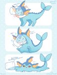  animal_focus blue_eyes blue_fur cetacean_tail closed_eyes commentary_request cup drinking_glass fins fish_tail flying_sweatdrops forked_tail head_fins heart highres melting mugita_konomi no_humans open_mouth pokemon pokemon_(creature) pokemon_focus stuck tail tongue tongue_out vaporeon water 