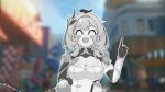  1girl blush_stickers breasts cleavage commentary_request corset elf elysia_(honkai_impact) elysia_(miss_pink_elf)_(honkai_impact) feathers game_screenshot_background gloves greyscale_with_colored_background hair_ornament highres honkai_(series) honkai_impact_3rd large_breasts long_hair lty-d mihoyo pointy_ears screenshot_background shrug_(clothing) single_glove solo zenless_zone_zero 