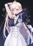  1girl anchor asymmetrical_hair asymmetrical_sleeves bearn_(kancolle) blonde_hair braid braided_bangs breasts chain commentary_request dress epaulettes gloves gradient_hair highres himeyamato kantai_collection large_breasts long_hair multicolored_hair purple_eyes solo_focus very_long_hair white_dress white_gloves 