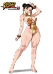  1girl absurdres artist_logo artist_name bikini bracelet breasts brown_eyes brown_hair chun-li commentary double_bun earrings english_commentary gold_bikini gold_bracelet hair_bun highres jewelry kyoffie large_breasts logo muscular muscular_female patreon_username pearl_earrings pink_lips ribbon solo street_fighter swimsuit thick_thighs thighs v web_address 