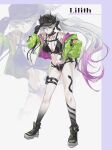 1girl absurdres bare_shoulders baseball_cap bikini black_bikini black_hands body_markings breasts cleavage colored_extremities commentary_request fate/grand_order fate_(series) full_body fuyotan gradient_hair green_eyes grey_hair hat hat_tip highres horns jacket lilith_(fate) lilith_(swimsuit_rider)_(fate) lilith_(swimsuit_rider)_(first_ascension)_(fate) long_hair multicolored_hair multicolored_jacket multiple_views navel off_shoulder official_alternate_costume pale_skin pink_hair shoes standing swimsuit thigh_strap two-tone_hair two-tone_jacket zipper zipper_bikini 