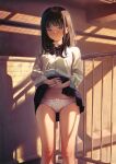  1girl absurdres black_hair black_skirt blunt_bangs bow bow_panties bowtie brown_eyes commentary_request highres kishita_yuu long_sleeves looking_at_viewer original outdoors panties school_uniform shirt skirt smile solo standing underwear white_shirt 