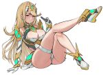  1girl blonde_hair breasts cameltoe cleavage cleavage_cutout closed_mouth clothing_cutout core_crystal_(xenoblade) crossed_legs dress earrings elbow_gloves english_commentary full_body gloves highres jewelry large_breasts long_hair looking_at_viewer mythra_(xenoblade) panties simple_background smile solo spicycurryart swept_bangs underwear white_background white_dress white_gloves white_panties xenoblade_chronicles_(series) xenoblade_chronicles_2 yellow_eyes 