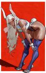  1girl :/ absurdres anger_vein animal_ears bare_shoulders bent_over boku_no_hero_academia border breasts breath commentary crescent_print dark-skinned_female dark_skin fur_collar gloves hands_on_own_knees highleg highleg_leotard highres large_breasts leotard long_eyelashes long_hair looking_at_viewer mirko parted_bangs puff_of_air purple_thighhighs rabbit_ears rabbit_girl rabbit_tail red_background red_eyes revision shadow skindentation solo tail tail_through_clothes taut_leotard the_antin thick_thighs thigh_gap thighhighs thighs tiptoes toned toned_female very_long_hair white_border white_gloves white_hair white_leotard 