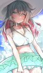  1girl absurdres aqua_bikini aqua_choker aqua_eyes aqua_hair bikini blush breasts choker cleavage closed_mouth colored_inner_hair commentary_request crysta_(duel_masters) duel_masters duel_masters_lost hat highres innertube large_breasts long_hair multicolored_hair navel outdoors pink_hair ribbon_choker smile solo sun_hat swim_ring swimsuit wet white_hat yozakurayuyu 