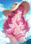  1girl absurdres ass blue_archive blue_halo blue_sky breasts clothing_cutout cloud commentary_request flower fluffy_hair frilled_one-piece_swimsuit frilled_thigh_strap frills full_body grey_eyes grin halo hand_on_own_ass hat hat_flower highres iroha_(blue_archive) iroha_(swimsuit)_(blue_archive) leaning_forward long_hair looking_at_viewer official_alternate_costume one-piece_swimsuit pink_one-piece_swimsuit pinki_o64 red_hair side_cutout sky small_breasts smile solo straw_hat sun_hat swimsuit thigh_strap wading 