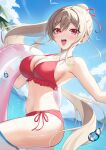  1girl :d absurdres bare_shoulders beach bikini bird blue_sky breasts brown_hair cleavage cloud commentary day frilled_bikini frills furen_e_lustario hair_between_eyes hair_ribbon halterneck highres holding holding_swim_ring jewelry kurusu_beni large_breasts long_hair looking_at_viewer mountainous_horizon navel necklace nijisanji ocean open_mouth outdoors palm_tree ponytail raised_eyebrows red_bikini red_eyes ribbon side-tie_bikini_bottom sideboob simple_bird sky smile solo spaghetti_strap stomach summer swim_ring swimsuit tree very_long_hair virtual_youtuber wading water wet 
