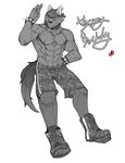  anthro bandanna biceps boots bracelet canine clothing collar fangs flexing footwear fur grin jewelry kakushimi male mammal monochrome muscles nipples pecs pose shorts smile solo spiked_collar standing teeth topless wristband 