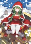  1girl ankle_boots arm_support bell belt belt_buckle bird blurry blush boots box braid breasts buckle cape chain choker christmas cleavage closed_mouth commentary_request depth_of_field dress fingernails from_above front-seamed_legwear full_body fur-trimmed_boots fur-trimmed_cape fur-trimmed_dress fur_trim gift gift_box green_hair hair_ornament hair_over_shoulder highres hood hood_up hooded_cape jun_(navigavi) knees_together_feet_apart lace-trimmed_choker lace_trim large_breasts light_frown long_hair long_sleeves looking_at_viewer low_twin_braids neck_bell ocean on_box original outdoors pantyhose penguin red_boots red_cape red_dress santa_costume seamed_legwear shadow short_dress sitting sleeves_past_wrists snow snowing solo sparkling_eyes star_(symbol) star_hair_ornament twin_braids white_belt white_choker white_pantyhose yellow_eyes 