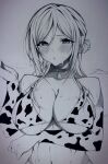  1girl animal_print arm_under_breasts arm_warmers bare_shoulders bell bikini blush breasts choker cleavage collarbone commentary_request cow_print cow_print_arm_warmers cow_print_bikini cowbell gakuen_idolmaster greyscale hair_bun hand_up himesaki_rinami idolmaster large_breasts long_hair looking_at_viewer mapo_illust midriff monochrome navel neck_bell parted_lips print_bikini sideboob sketch solo sweat swimsuit traditional_media underboob upper_body 