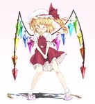  animal_slippers ascot between_legs blonde_hair blush closed_eyes flandre_scarlet gorilla_(bun0615) hand_between_legs hat hat_ribbon have_to_pee highres mouth_hold puffy_sleeves ribbon ribbon_in_mouth shadow shirt short_sleeves side_ponytail simple_background skirt skirt_set slippers solo tears touhou vest white_background wings 