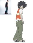  1boy absurdres black_eyes black_hair chinese_commentary colored_skin commentary_request false_memory green_pants grey_skin guan_chao_(false_memory) halo high-visibility_clothing high-visibility_vest highres id_card laoshihao_wojiaoshuihu male_focus pants reference_inset sandals shirt short_sleeves simple_background slides spiked_hair tear_troughs vest white_background white_shirt 