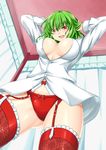  arms_behind_head arms_up beni_(bluebluesky) breasts floral_print from_below garter_belt green_hair kazami_yuuka large_breasts looking_at_viewer open_clothes open_mouth open_shirt panties red_eyes red_legwear red_panties shirt smile solo touhou underwear 