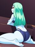  1girl aqua_hair ass barefoot bikini black_bikini blue_skin colored_skin commentary couch cyberpunk:_edgerunners cyberpunk:_edgerunners_1 cyberpunk_(series) english_commentary from_behind highres long_hair on_floor rebecca_(cyberpunk) red_eyes sideways_glance sitting soles solo swimsuit tobias_wheller 