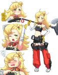  1girl absurdres armpits arms_up black_shorts blonde_hair blush breasts cargo_pants closed_eyes closed_mouth commentary crop_top detached_pants detached_sleeves full_body gloves goggles goggles_around_neck green_eyes hair_bun hand_on_own_hip highres holding holding_weapon long_hair looking_at_viewer midriff mimikyaun multiple_views navel one_eye_closed open_mouth over_shoulder pants piper_wheel shorts simple_background small_breasts spiked_shirt weapon weapon_over_shoulder white_background yawning yellow_gloves zenless_zone_zero 