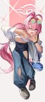  1girl absurdres ahoge alternate_costume bandeau blue_archive commentary_request criss-cross_halter denim derby_(dabidabi) eyewear_on_head fang full_body halo halterneck highres hoshino_(blue_archive) jacket jeans leaning_forward long_hair looking_at_viewer one_eye_closed open_clothes open_jacket open_mouth pants pink_hair pink_halo round_eyewear smile torn_clothes torn_jeans torn_pants v v_over_mouth white_bandeau 