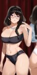  1girl absurdres alternate_costume ass bare_shoulders bikini black_bikini black_hair blush braid braid_over_shoulder breasts cleavage collarbone commentary cowboy_shot curtains firstdayiyui glasses hand_up hanekawa_tsubasa highres hood hoodie jewelry large_breasts long_hair looking_at_viewer monogatari_(series) multiple_views navel necklace parted_lips purple_eyes semi-rimless_eyewear strapless strapless_bikini swimsuit twin_braids under-rim_eyewear white_bikini white_hoodie 