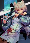  1girl animal_ears brown_eyes brown_pantyhose cat_ears character_name commentary copyright_name datcravat fingerless_gloves flute gloves grey_hair grey_jacket highres instrument jacket m_(xenoblade) mio_(xenoblade) pantyhose playing_flute playing_instrument skirt twitter_username untranslatable_commentary white_skirt xenoblade_chronicles_(series) xenoblade_chronicles_3 