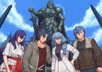  2boys 2girls aged_up artist_name asymmetrical_bangs belt black_hair blue_eyes blue_hair blue_sky bomber_jacket borrowed_character brother_and_sister butterfly_hair_ornament claire_rieveldt cloud coat collarbone commission day double-parted_bangs dress eiyuu_densetsu english_commentary family floating_hair front_zipper glasses grey_scrunchie hair_between_eyes hair_ornament hair_over_shoulder hair_scrunchie hairclip half-closed_eyes hand_on_another's_back hand_on_own_hip heart_pendant jacket jewelry long_hair long_sleeves multiple_boys multiple_girls narrowed_eyes necklace open_clothes open_coat original outdoors parent_and_child partially_unzipped pendant pleated_skirt print_skirt purple_belt purple_eyes purple_hair rean_schwarzer rectangular_eyewear red_eyes red_sash red_shirt sash scrunchie sen_no_kiseki_(series) shg_(hiomaika) shirt shirt_tucked_in short_hair short_sleeves siblings skirt sky smile standing statue suit_coat suit_pants swept_bangs twitter_username upper_body v-shaped_eyebrows waist_sash white_belt white_coat white_dress white_skirt zipper_pull_tab 
