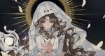  1girl aerith_gainsborough brown_hair commentary falling_petals final_fantasy final_fantasy_vii final_fantasy_vii:_ever_crisis green_eyes highres jewelry long_hair long_sleeves mage_staff necklace own_hands_together parted_bangs petals praying solo staff upper_body veil white_veil yaoko 