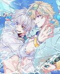  2boys absurdres alternate_costume aqua_hair aventurine_(honkai:_star_rail) aventurine_(waveflair)_(honkai:_star_rail) black_choker blonde_hair blue-tinted_eyewear blue_eyes blue_shirt blue_sky bracelet braid caelus_(honkai:_star_rail) choker cloud cloudy_sky commentary day earrings eyewear_on_head fingernails floating_hair gold_earrings gold_necklace grey_hair hair_between_eyes hair_ornament hair_tubes hand_on_another's_waist hands_up hawaiian_shirt highres holding holding_water_gun honkai:_star_rail honkai_(series) hood hoodie hug jewelry lapels looking_to_the_side low_ponytail male_focus multicolored_eyes multicolored_hair multiple_boys neck_tattoo necklace ocean open_clothes open_hoodie open_mouth open_shirt outdoors ponytail purple_eyes ribbon rongyuan_gulu shirt short_hair short_ponytail short_sleeves side_braid single_braid single_hair_tube sky smile sparkle star_bracelet streaked_hair summer sun sunglasses tattoo teeth tinted_eyewear tongue trailblazer_(honkai:_star_rail) untranslatable_commentary upper_body v-shaped_eyebrows water water_drop water_gun wet wet_clothes wet_shirt white_hoodie white_ribbon wristband yaoi yellow-framed_eyewear yellow_eyes 
