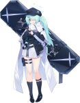  1girl 9ml aqua_hair asymmetrical_bangs averting_eyes belt black_hat black_shirt black_shoes black_socks blue_archive blue_halo breasts bullet cloak empty_eyes full_body game_asset grey_eyes hair_ornament hair_over_one_eye hairclip halo hands_up hat highres hiyori_(blue_archive) holding_strap kneehighs large_breasts large_variant_set legs legwear_garter long_hair long_sleeves looking_afar looking_to_the_side miniskirt nervous nervous_smile nervous_sweating newsboy_cap official_art one_eye_covered open_mouth parallel_hairclips pouch scarf shirt shoes side_ponytail sidelocks sideways_glance simple_background skindentation skirt sleeves_past_wrists smile socks solo standing sweat tachi-e thigh_pouch thigh_strap thighs third-party_source transparent_background turn_pale variant_set weapon_case white_cloak white_scarf white_skirt wide-eyed 