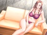  1girl 4:3 blue_gale blush bra breasts brown_hair couch dutch_angle game_cg hair large_breasts lingerie long long_hair milf mrs_junkie panties pink_bra pink_panties sagara_kyouka sitting solo tatsunami_youtoku underwear 