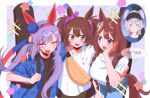  4girls absurdres animal_ears black_shirt blue_eyes blue_hairband blue_jacket blue_pants blue_shirt blush bow braid breasts brown_hair closed_eyes commentary_request dog_for_amami ear_covers fang grey_hair grey_tail guitar_case hair_between_eyes hairband hand_on_own_cheek hand_on_own_face hat headband highres horse_ears horse_girl horse_tail inari_one_(umamusume) instrument_case instrument_case_on_back jacket korean_commentary large_breasts long_hair multicolored_hair multicolored_hairband multiple_girls oguri_cap_(umamusume) open_clothes open_jacket open_mouth pants red_headband shirt smile star_(symbol) streaked_hair striped_clothes striped_hairband super_creek_(umamusume) tail tamamo_cross_(umamusume) teeth twintails two-tone_hairband umamusume umamusume:_cinderella_gray upper_teeth_only very_long_hair white_hair white_shirt 