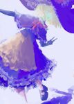  1girl absurdres apron blonde_hair blue_eyes bow bowtie braid capelet cookie_(touhou) foot_out_of_frame hair_bow hat highres kirisame_marisa long_hair looking_at_viewer meguru_(cookie) open_mouth purple_capelet purple_hat purple_skirt purple_theme red_bow red_bowtie shirt shoes single_braided_sidelock skirt solo standing standing_on_one_leg touhou user_ddzg7744 v waist_apron yellow_apron 