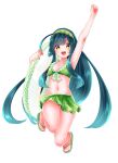  1girl :d absurdres ahoge arm_up bikini bikini_skirt blunt_bangs breasts cleavage collarbone edomura_niniko full_body green_bikini green_hair green_hairband green_sandals hairband highres innertube long_hair looking_at_viewer medium_breasts navel official_art orange_eyes outstretched_arm sandals simple_background smile solo swim_ring swimsuit teeth touhoku_zunko transparent_background upper_teeth_only very_long_hair voiceroid 