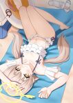  1girl absurdres arms_up bare_legs bare_shoulders barefoot beach beach_towel bikini blue_archive blush breasts bright_pupils brown_hair character_print closed_mouth collarbone commentary dutch_angle english_commentary frilled_bikini frills full_body hair_between_eyes hair_spread_out halo hand_on_own_head hifumi_(blue_archive) hifumi_(swimsuit)_(blue_archive) highres innertube knees_up long_hair looking_at_viewer low_twintails lying navel no_eyewear official_alternate_costume on_back onigiri716 peroro_(blue_archive) print_innertube ribbon-trimmed_bikini ribbon_trim ruffle_bikini sand sandals small_breasts smile solo split_mouth sunbathing swim_ring swimsuit thighs towel twintails unworn_sandals upside-down very_long_hair white_bikini white_pupils white_sandals winged_halo yellow_eyes yellow_halo 