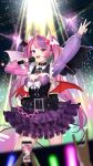  1girl absurdres ahoge black_choker breasts choker cleavage commentary concert demon_girl demon_horns demon_tail demon_wings dress glowstick hair_ornament heart heart_ahoge heart_hair_ornament heterochromia highres holding holding_microphone horns indie_virtual_youtuber ironmouse komaorina large_breasts long_hair looking_at_viewer microphone multicolored_hair open_mouth penlight_(glowstick) pink_hair pointy_ears purple_eyes purple_hair purple_streaks red_eyes singing streaked_hair tail twintails virtual_youtuber white_horns wings 