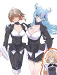  3girls absurdres ahoge aqua_eyes beads bell blonde_hair blue_hair braid breasts brown_eyes brown_hair cleavage cleavage_cutout clothing_cutout coke-bottle_glasses commentary dress elira_pendora english_commentary floating_hair flower glasses hair_beads hair_flower hair_ornament hair_over_one_eye head_wings highres holding holding_notebook holding_pencil klara_charmwood large_breasts light_smile long_hair looking_at_viewer low_twin_braids medium_breasts millie_parfait multiple_girls neck_bell nijisanji nijisanji_en notebook pencil pinstripe_dress pinstripe_pattern scarf short_hair simple_background sparkle twin_braids virtual_youtuber white_background who_dare_dare wings 