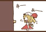  adomi blonde_hair comic crying door flandre_scarlet hat hat_ribbon letterboxed millipen_(medium) open_mouth ribbon side_ponytail solo touhou traditional_media wavy_mouth wings 