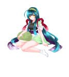  1girl absurdres ahoge blue_hair blunt_bangs blunt_sidelocks closed_mouth edomura_niniko full_body gradient_clothes gradient_kimono green_hairband green_kimono hairband highres japanese_clothes kimono long_hair looking_at_viewer no_shoes official_art short_sleeves sidelocks simple_background sitting socks solo touhoku_zunko transparent_background two-tone_kimono very_long_hair voiceroid white_kimono white_socks yellow_eyes zunda_mochi 