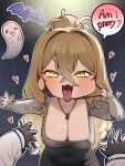  1girl absurdres azur_lane bat_(animal) black_mask blonde_hair breasts chroong cleavage commander_(azur_lane) commentary_request crossed_bangs dongtan_dress english_text fang ghost heart high_ponytail highres jewelry korean_commentary large_breasts lion_(alleyway_temptress)_(azur_lane) lion_(azur_lane) long_hair long_sleeves mask mask_pull mouth_mask necklace official_alternate_costume open_mouth ponytail pov pov_hands speech_bubble tongue tongue_out yellow_eyes 