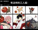  1girl 2boys absurdres angry arms_behind_head babyintheroom bai_zhong_(false_memory) black_cape black_hair blank_eyes cape chart closed_eyes colored_skin commentary crown false_memory gold_crown grey_shirt grey_skin guan_chao_(false_memory) halo high_collar highres male_focus mini_crown multiple_boys pink_eyes pink_hair protagonist_halo red_cape reference_inset shirt short_sleeves simple_background smile sweat tear_troughs tomato translated untranslatable_commentary white_background white_shirt 