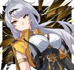  1girl arthur_levine breasts closed_mouth grey_hair hair_ornament high-waist_shorts highres jacket large_breasts long_hair open_clothes open_jacket shorts single_hair_intake solo upper_body yellow_eyes yellow_jacket yixuan_(zenless_zone_zero) zenless_zone_zero 