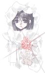  1girl absurdres alien_stage black_hair blending blood blunt_ends chinese_commentary choppy_bangs commentary_request dress glint hat heart_(organ) highres long_sleeves looking_at_viewer nosebleed purple_eyes qiehuixiangzi short_hair simple_background solo sua_(alien_stage) upper_body white_background white_dress white_hat 