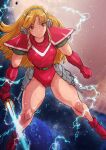  1girl altiana armor belt blonde_hair blush boots breasts closed_mouth commentary_request commission cyborg ear_protection energy_sword gloves highres holding holding_sword holding_weapon leotard long_hair looking_at_viewer partial_commentary red_boots red_eyes red_gloves red_leotard sarad_udon shoulder_armor skeb_commission skin_seams solo space space_hunter sword thighs weapon 