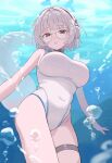  1girl absurdres black_choker blue_archive blue_halo breasts choker commentary_request fins fish_tail grey_eyes grey_hair grunel_(grunel_7979) halo headphones highres kotone_(blue_archive) large_breasts multicolored_one-piece_swimsuit one-piece_swimsuit parted_lips round_eyewear short_hair solo swimsuit tail thigh_strap underwater white_one-piece_swimsuit 