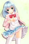  areola_slip areolae blue_hair blush bow bow_panties bowtie breasts cleavage green_hair irori large_breasts long_sleeves no_bra open_clothes open_shirt original panties shirt short_hair simple_background skirt skirt_lift solo striped striped_panties thighhighs underwear white_panties 