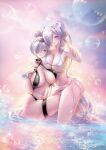  2girls asymmetrical_docking bikini black-framed_eyewear black_slingshot_swimsuit blush breast_press breasts bubble chinese_commentary cinderella_(crystal_wave)_(nikke) cinderella_(nikke) cleavage closed_mouth commentary_request dual_persona eyewear_on_head fancy_frontier_47 flower full_cleavage goddess_of_victory:_nikke grey_sarong hair_bun hair_over_one_eye highres large_breasts long_hair looking_at_viewer multiple_girls navel ocean official_alternate_costume open_mouth outdoors pink_sky pinkuempire red_eyes revision sarong see-through_clothes see-through_shirt shirt sky slingshot_swimsuit smile stomach sunglasses swimsuit thigh_strap twintails very_long_hair water white_bikini white_hair white_sarong wrist_flower 